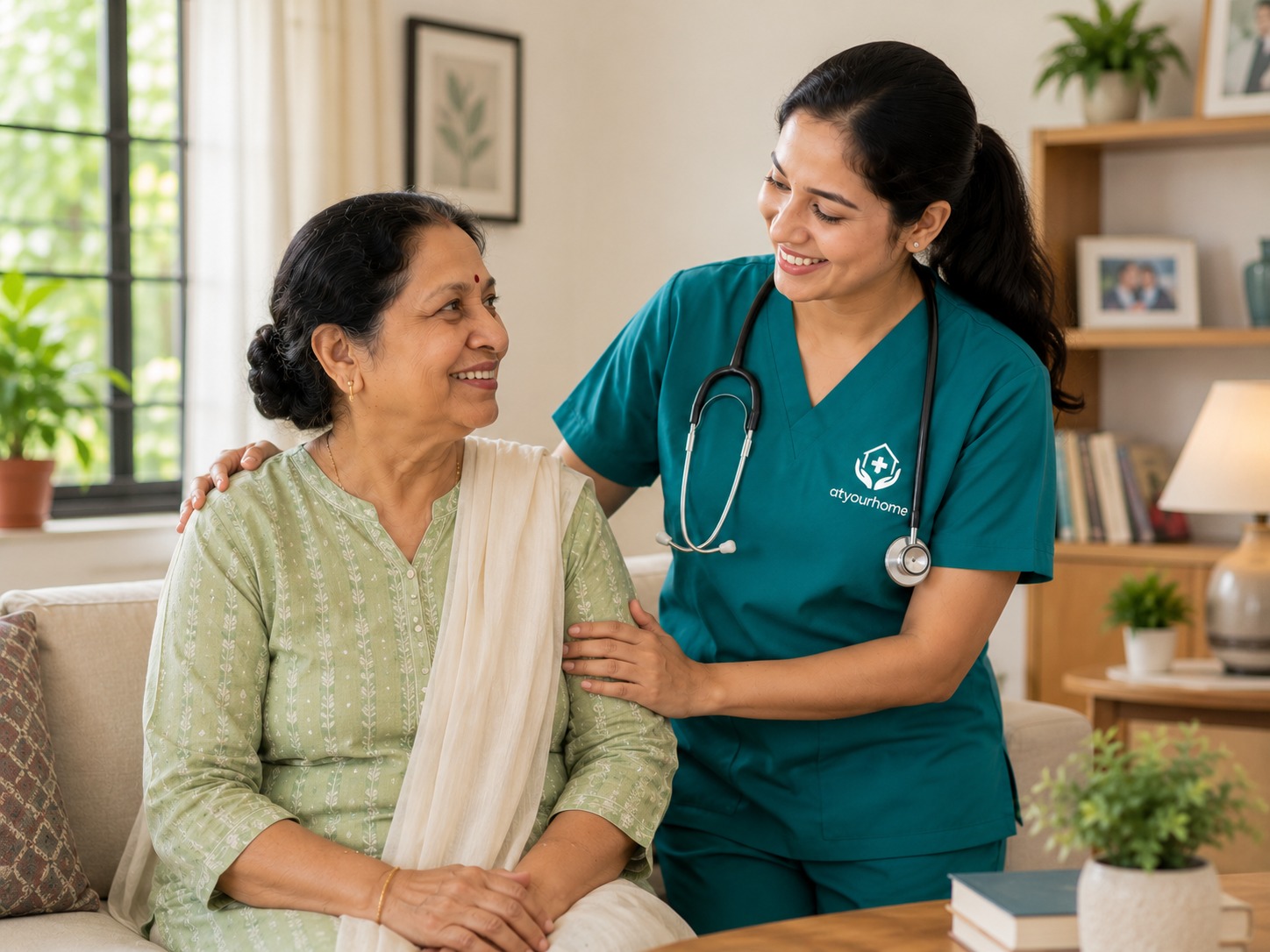 AtYourHome nurse caring for an elderly patient at home